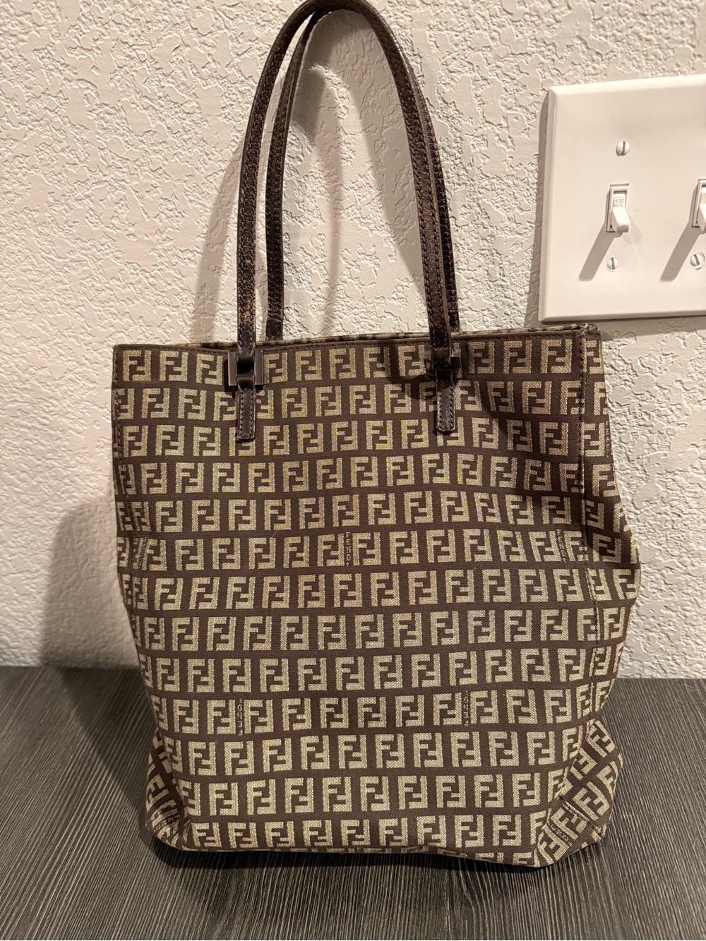 Fendi Brown Monogram Canvas and Leather Tote with Dark Brown Leather handles. - Picture 2 of 16